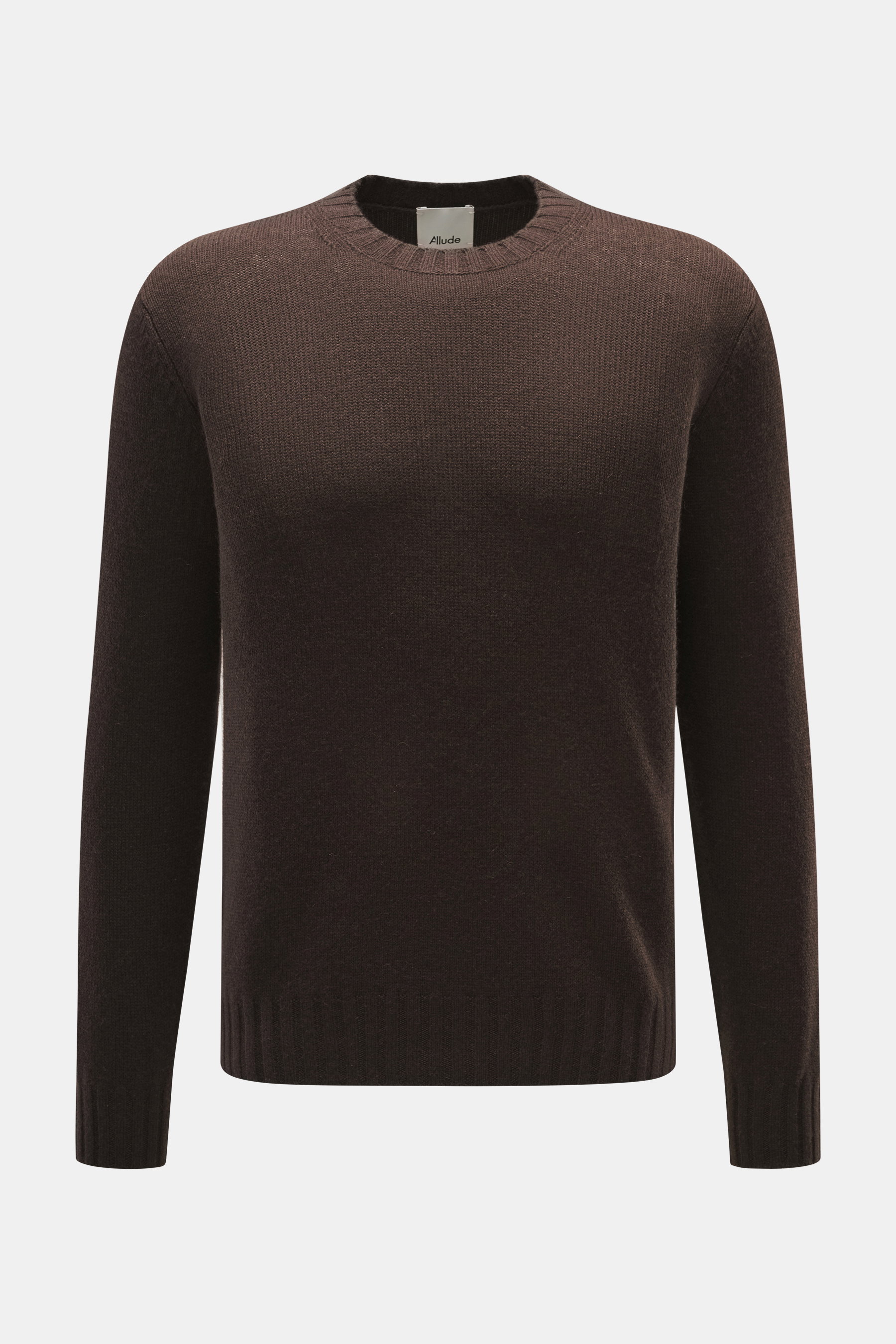 Allude Dark brown crew neck sweater shown from the front, featuring a mix of wool and cashmere, soft feel, medium coarse knit pattern, regular fit, crew neckline, and comfortable ribbed cuffs.