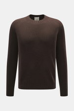 Allude Rundhalspullover dunkelbraun, frontal fotografiert, Mix aus Wolle und Cashmere, weicher Griff, mittelgrobes Strickbild, Regular Fit, Rundhalsausschnitt, komfortable Rippbündchen.