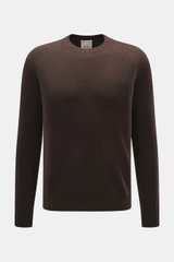Allude Rundhalspullover dunkelbraun, frontal fotografiert, Mix aus Wolle und Cashmere, weicher Griff, mittelgrobes Strickbild, Regular Fit, Rundhalsausschnitt, komfortable Rippbündchen.