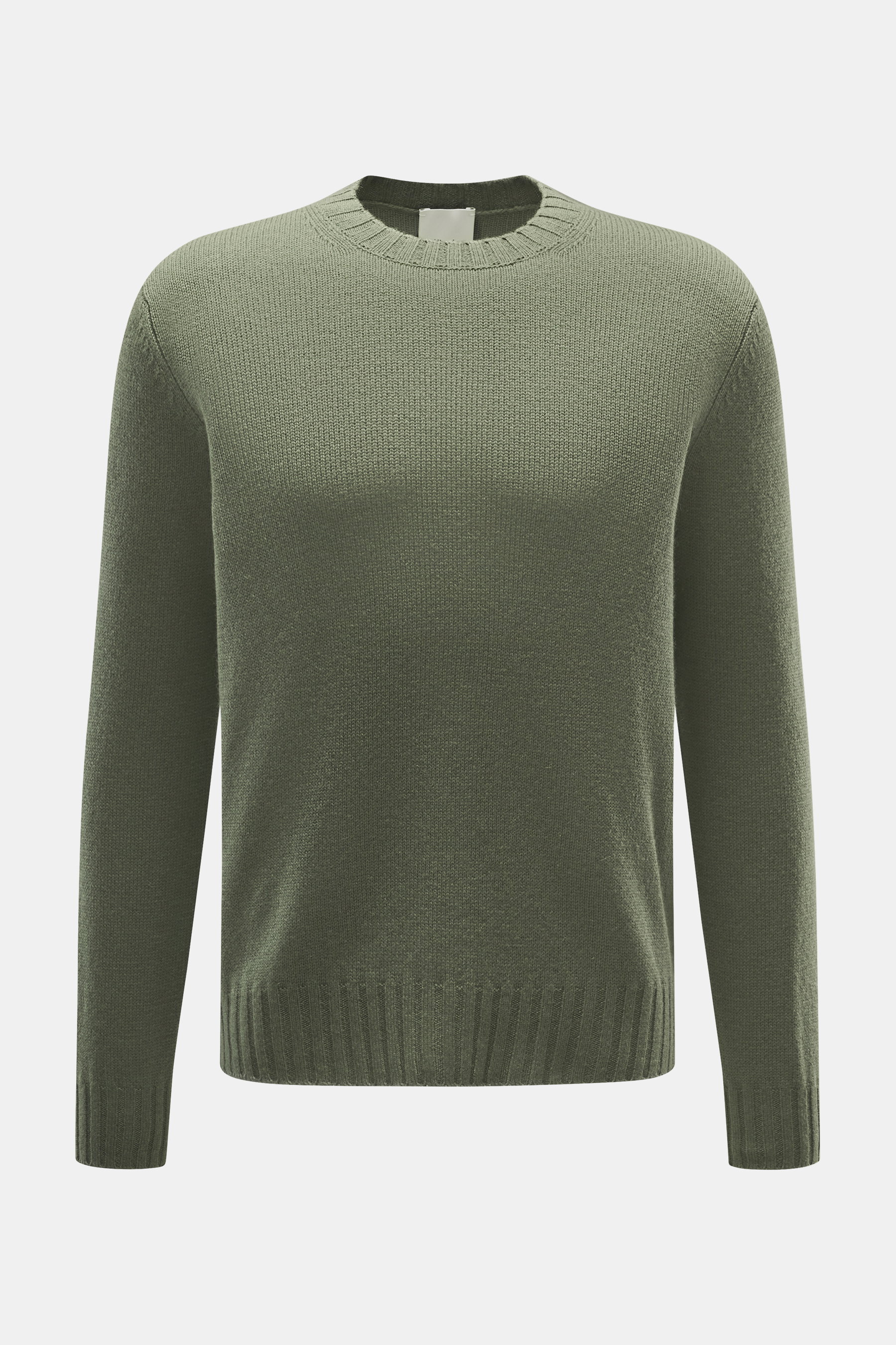 Front view of the Allude Rundhalspullover dunkelgrün, a wool and cashmere blend sweater with a soft touch, medium-knit texture, regular fit, round neckline, and comfortable ribbed cuffs.