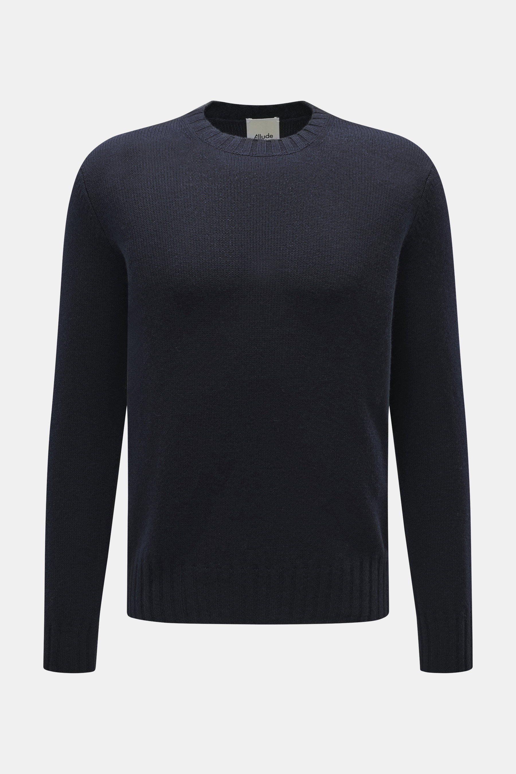 Front view of Allude Crew neck sweater navy, featuring a mix of wool and cashmere, soft touch, medium coarse knit pattern, regular fit, crew neckline, and comfortable ribbed cuffs.