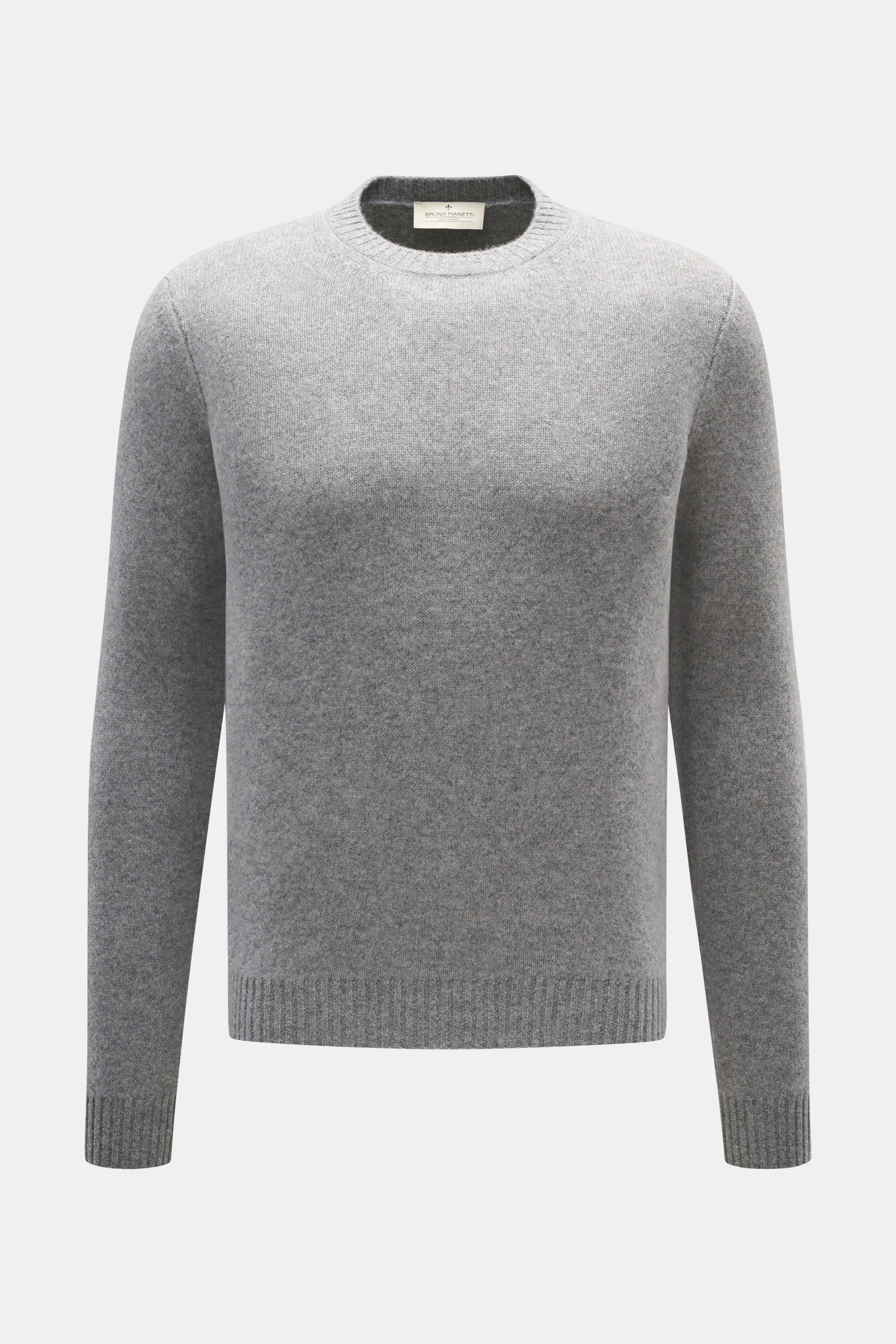 Front view of Bruno Manetti Cashmere Crewneck Sweater Grey Melange, pure cashmere, very soft touch, fine knit, extra slim fit, crew neckline, ribbed cuffs.