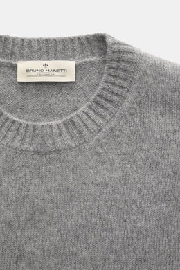 Bruno Manetti Cashmere Rundhalspullover grau meliert, Nahaufnahme von oben, weicher Griff, feines Strickbild, Extra Slim Fit, Rippbündchen.
