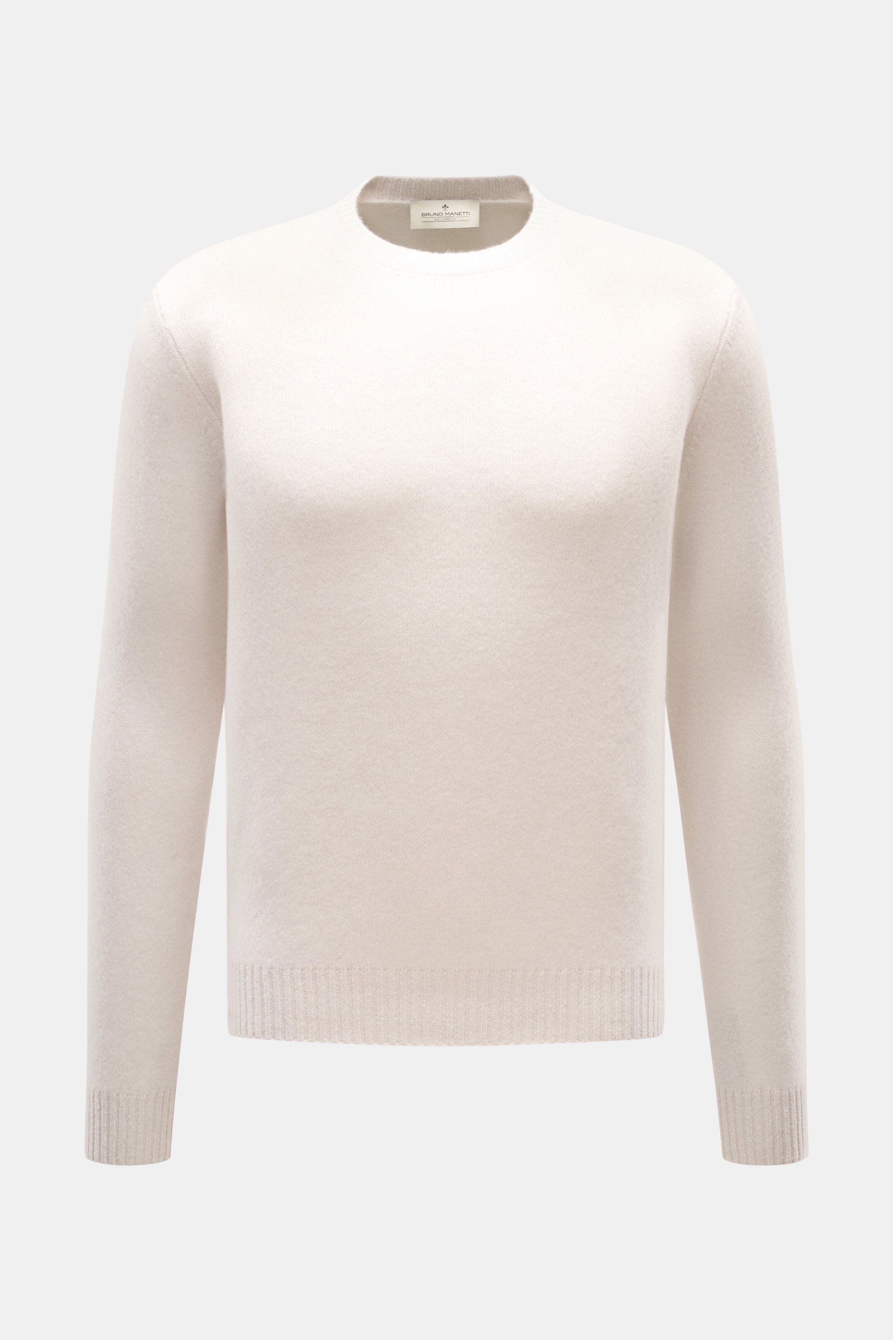 Front view of Bruno Manetti Cashmere Crewneck Sweater sand, made from pure cashmere with a fine knit pattern, extra slim fit, crew neckline, and ribbed cuffs. Once you wear it, you'll never want to be without it – this soft crewneck sweater by BRUNO MANET