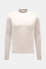Bruno Manetti Cashmere Rundhalspullover sand, frontal fotografiert, Extra Slim Fit mit Rundhalsausschnitt, feinem Strickbild, weicher Griff und Rippbündchen, reiner Cashmere.