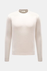 Bruno Manetti Cashmere Rundhalspullover sand, frontal fotografiert, Extra Slim Fit mit Rundhalsausschnitt, feinem Strickbild, weicher Griff und Rippbündchen, reiner Cashmere.