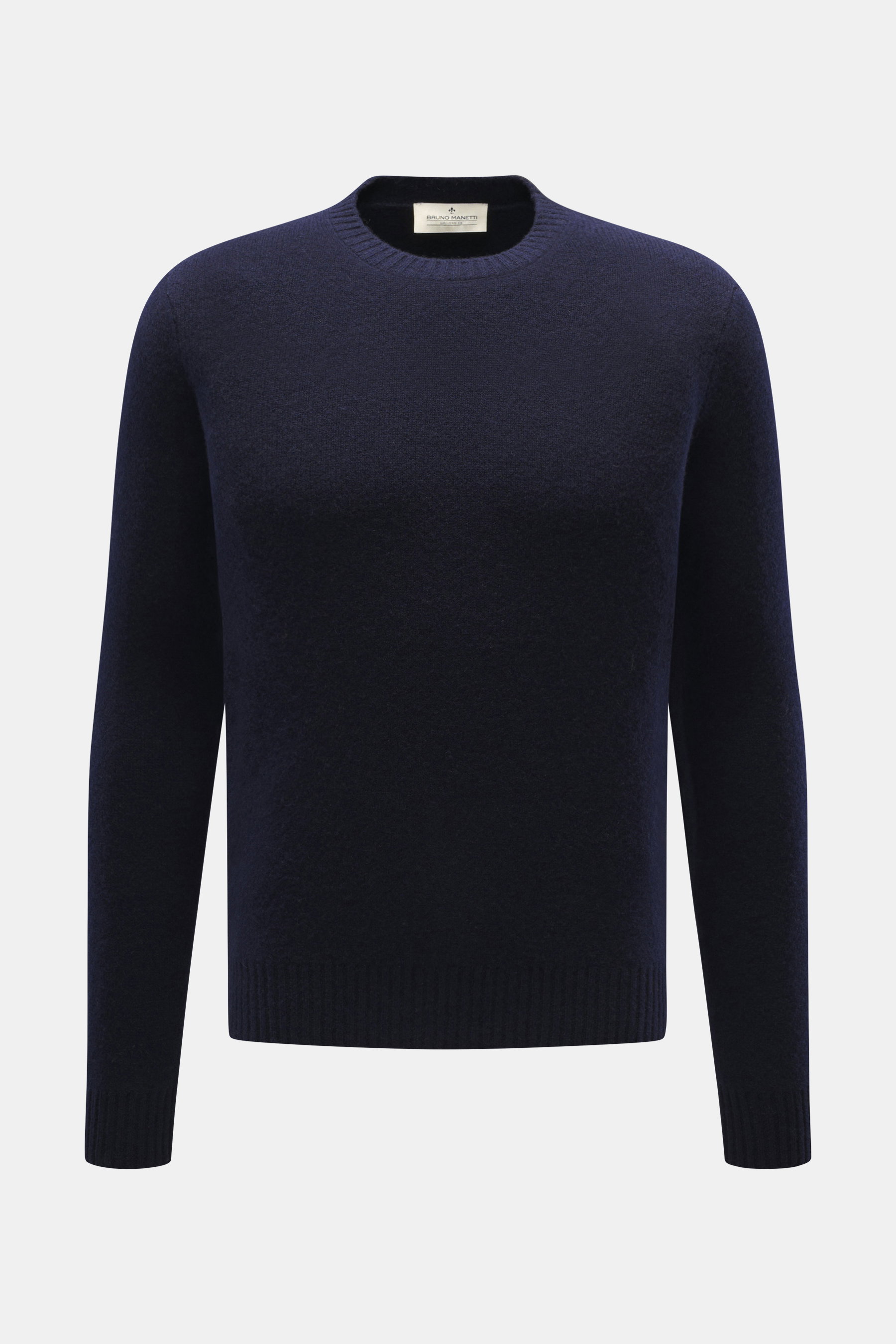 Front view of Bruno Manetti Cashmere Crewneck Sweater navy in pure cashmere, extra slim fit, fine knit, rib cuffs, and crew neckline, very soft touch.