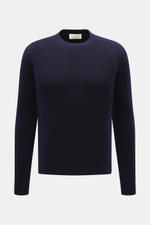 Bruno Manetti Cashmere Rundhalspullover navy, frontale Nahaufnahme, reiner Cashmere, Extra Slim Fit, weicher Griff, feines Strickbild, Rippbündchen.