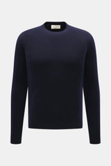 Bruno Manetti Cashmere Rundhalspullover navy, frontale Nahaufnahme, reiner Cashmere, Extra Slim Fit, weicher Griff, feines Strickbild, Rippbündchen.