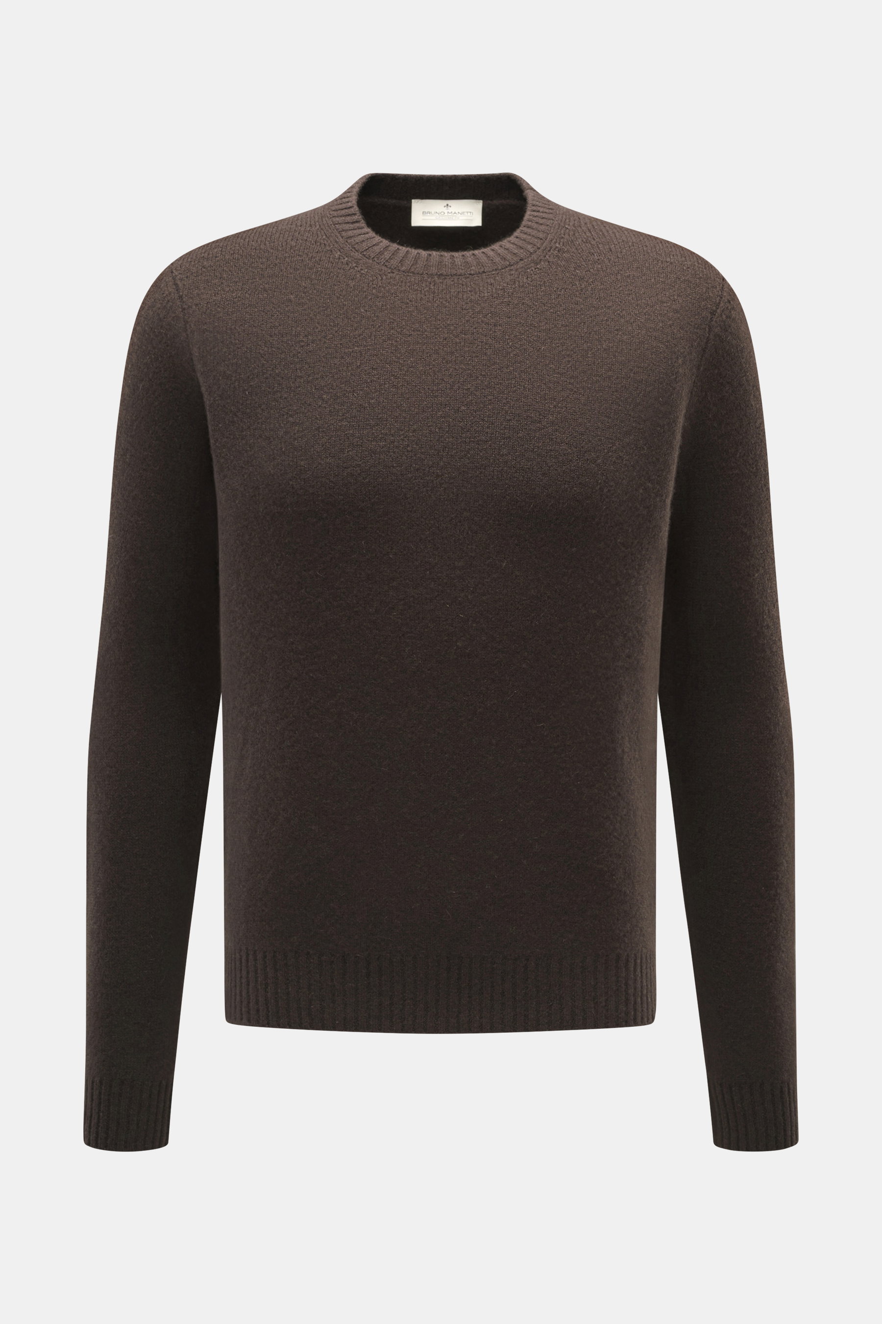 Front view of Bruno Manetti Cashmere Crewneck Sweater dark brown in extra slim fit, pure cashmere with fine knit, rib cuffs, and crew neckline.