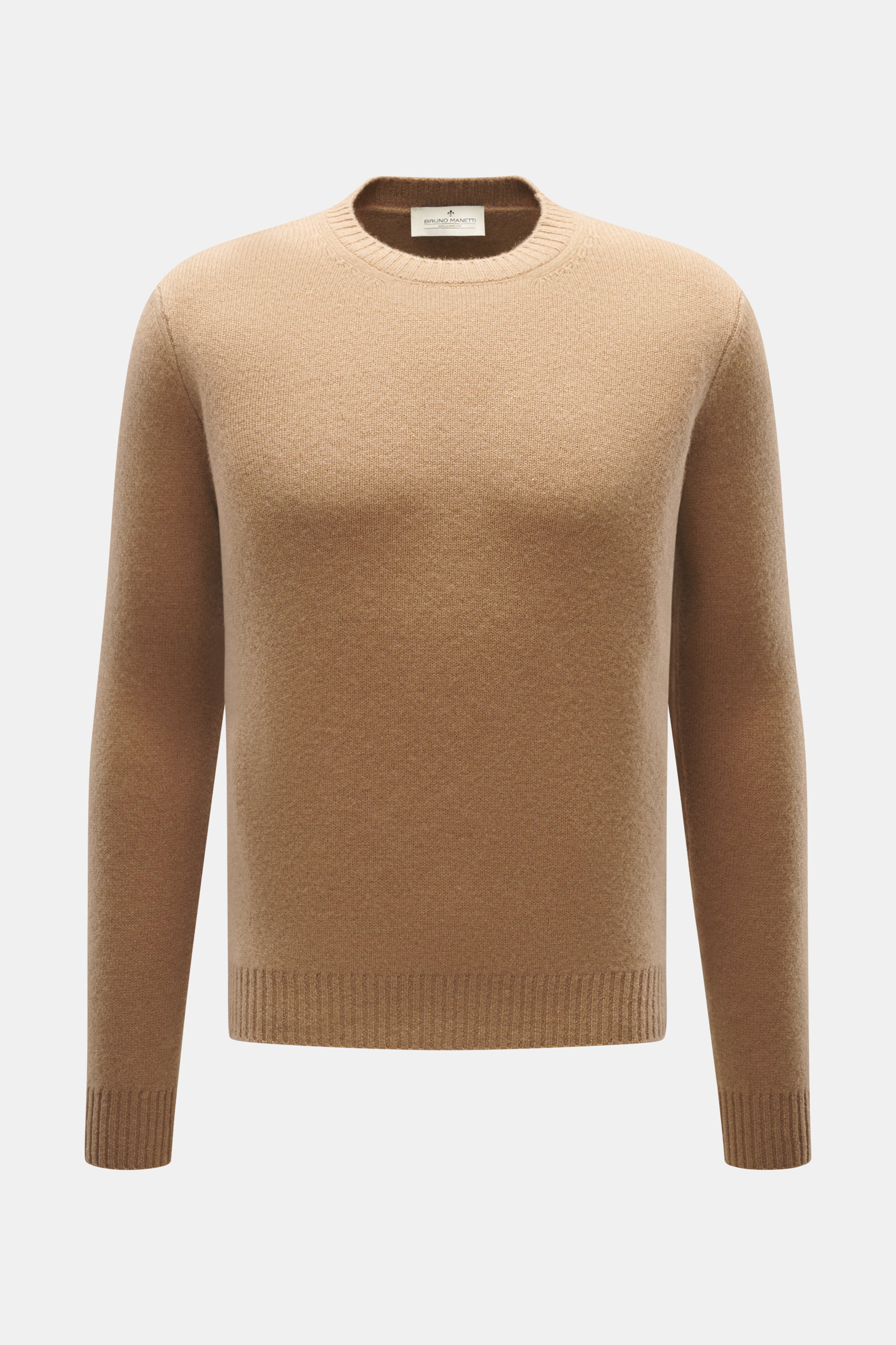 Bruno Manetti Cashmere Crewneck Sweater Beige shown front view, extra slim fit, pure cashmere, fine knit, soft feel, ribbed cuffs, crew neckline.