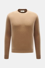 Bruno Manetti Cashmere Rundhalspullover beige, frontale Nahaufnahme, Extra Slim Fit, weicher Griff, feines Strickbild, Rundhalsausschnitt, Rippbündchen, reiner Cashmere.