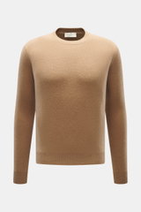 Bruno Manetti Cashmere Rundhalspullover beige, frontale Nahaufnahme, Extra Slim Fit, weicher Griff, feines Strickbild, Rundhalsausschnitt, Rippbündchen, reiner Cashmere.