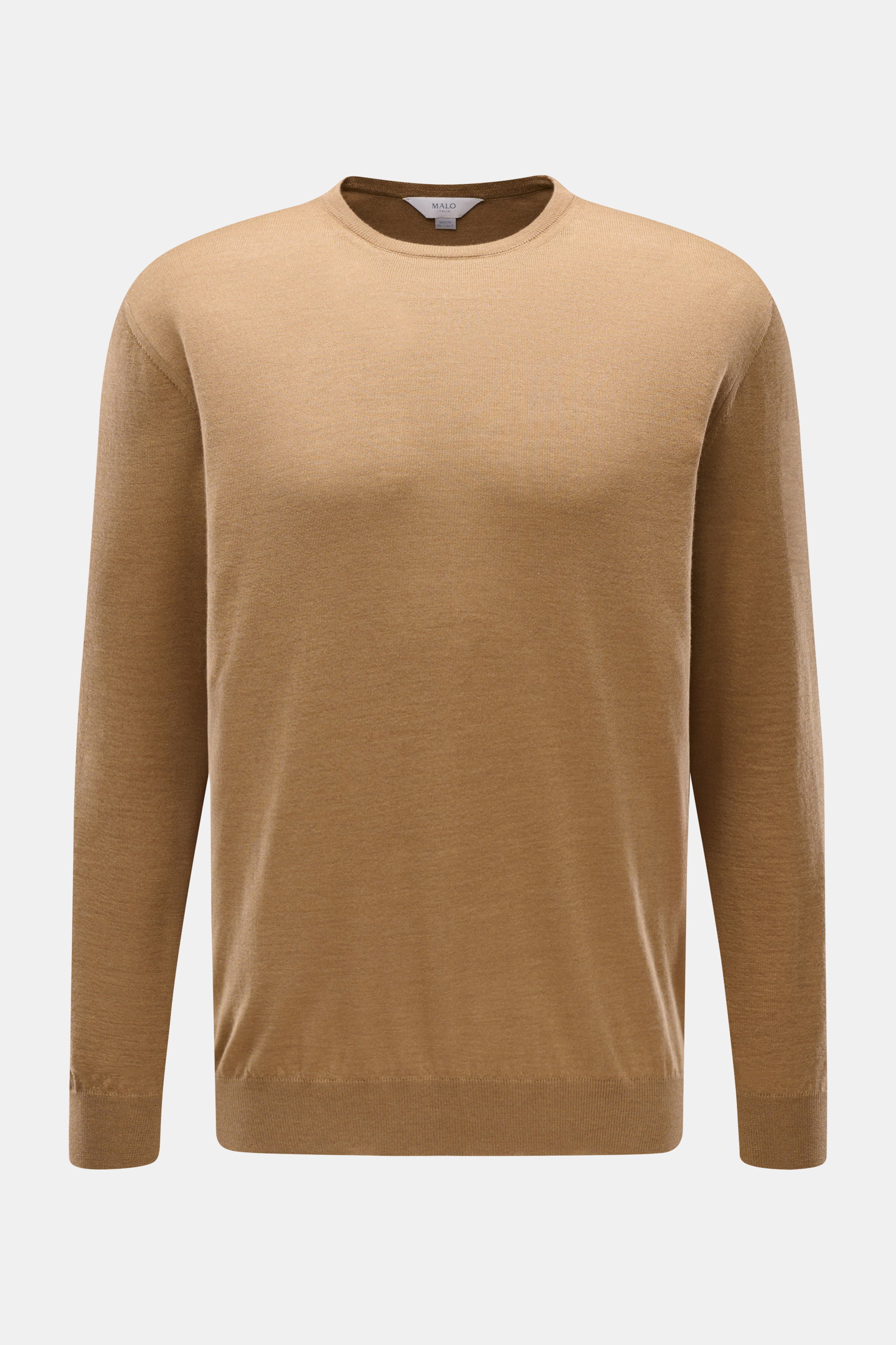 Malo Rundhalspullover hellbraun, Slim Fit, feines Strickbild, Rundhalsausschnitt, weicher Cashmere-Seide-Mix, frontal fotografiert, Rippbündchen.