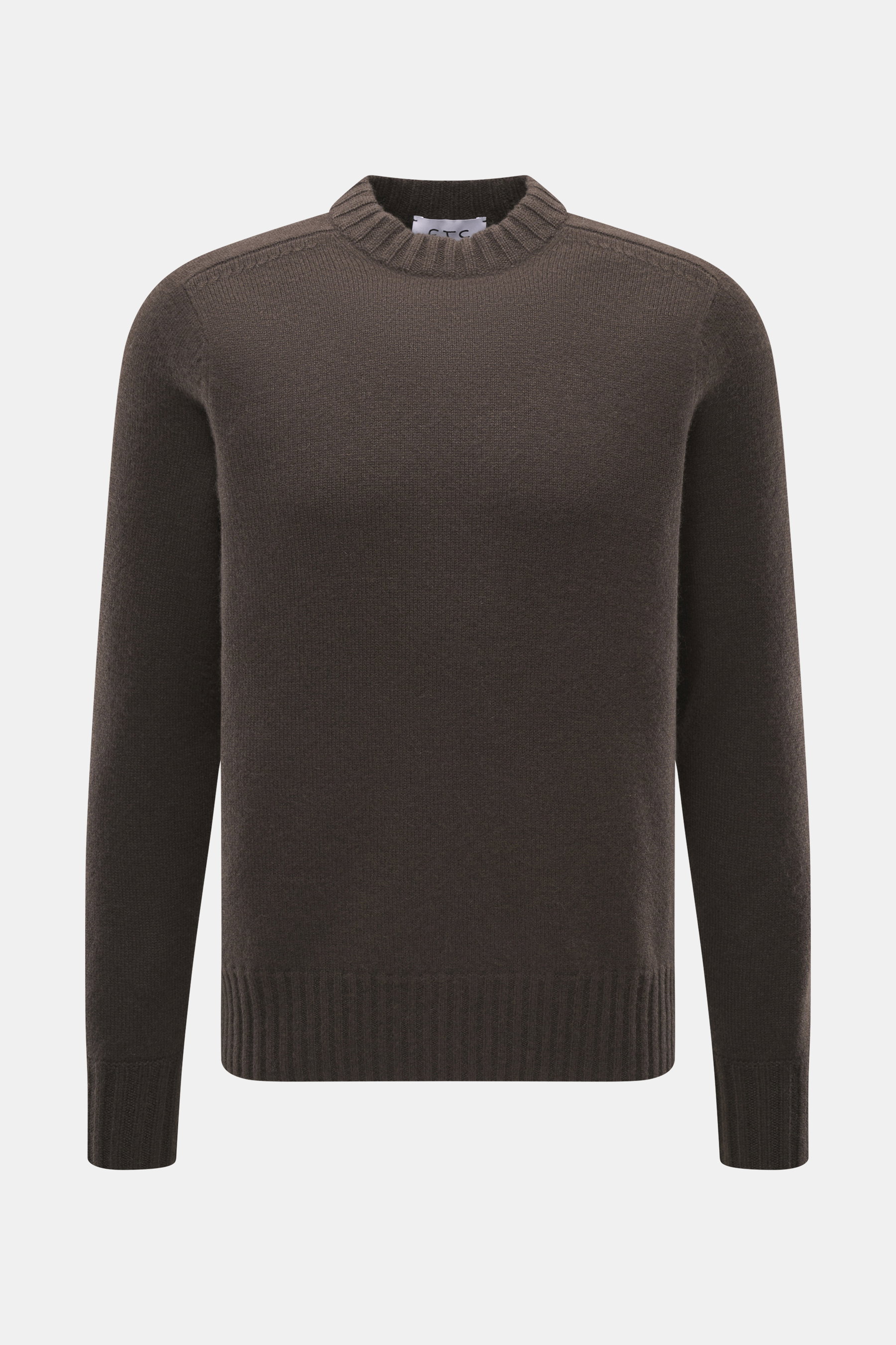 Frontansicht des FTC Cashmere Rundhalspullover dunkelbraun aus reinem, OEKO-TEX®-zertifiziertem Cashmere, Slim Fit, mittelfeines Strickbild, Rippbündchen.