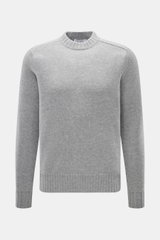 FTC Cashmere Rundhalspullover grau meliert, Slim Fit, mittelfeines Strickbild, Rundhalsausschnitt, Rippbündchen, OEKO-TEX®, nachhaltiger Luxus, frontal fotografiert.