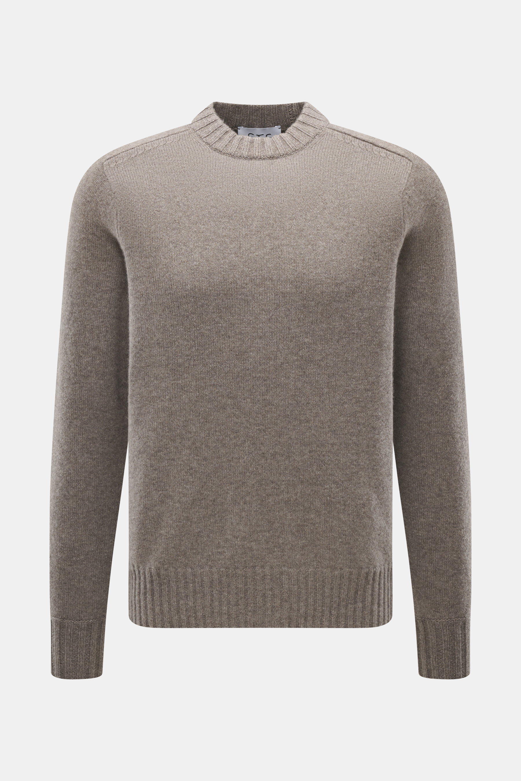 FTC Cashmere Rundhalspullover taupe meliert, Slim Fit, mittelfeines Strickbild, Rundhalsausschnitt, Rippbündchen, frontal fotografiert, nachhaltiger Luxus.