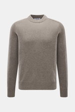FTC Cashmere Rundhalspullover taupe meliert, Slim Fit, mittelfeines Strickbild, Rundhalsausschnitt, Rippbündchen, frontal fotografiert, nachhaltiger Luxus.