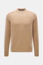 FTC Cashmere Rundhalspullover beige, slim Fit mit Rundhalsausschnitt, Rippbündchen, mittelfeinem Strickbild, frontal fotografiert, nachhaltiger Luxus.