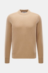 FTC Cashmere Rundhalspullover beige, slim Fit mit Rundhalsausschnitt, Rippbündchen, mittelfeinem Strickbild, frontal fotografiert, nachhaltiger Luxus.