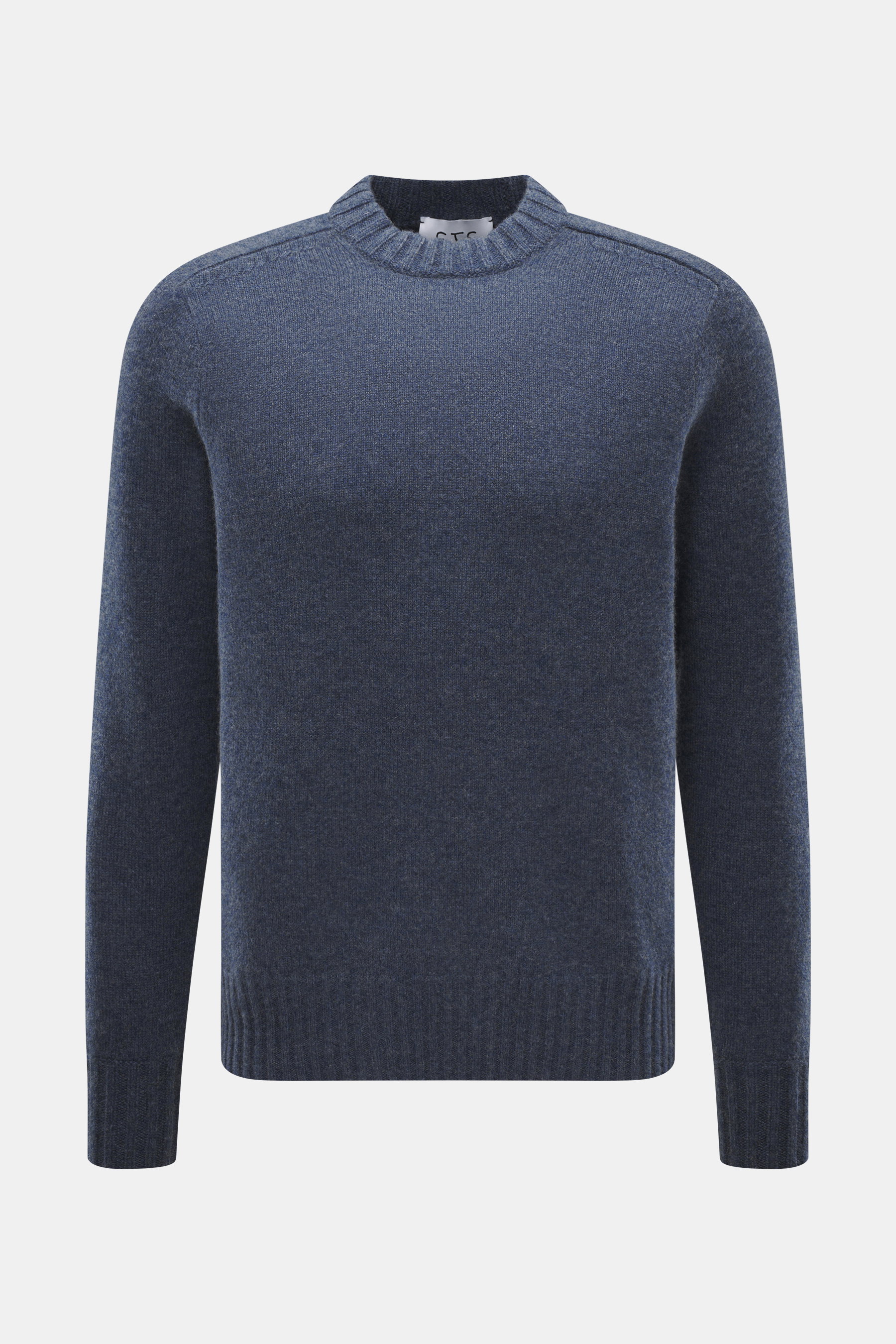FTC Cashmere Rundhalspullover graublau meliert, nachhaltig, slim fit, mittelfeines Strickbild, Rundhalsausschnitt, Rippbündchen, frontal fotografiert.