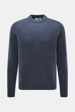 FTC Cashmere Rundhalspullover graublau meliert, nachhaltig, slim fit, mittelfeines Strickbild, Rundhalsausschnitt, Rippbündchen, frontal fotografiert.