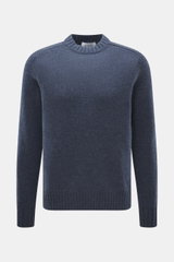 FTC Cashmere Rundhalspullover graublau meliert, nachhaltig, slim fit, mittelfeines Strickbild, Rundhalsausschnitt, Rippbündchen, frontal fotografiert.