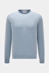 Front view of FTC Cashmere Crew Neck Sweater light blue made of pure cashmere with a fine knit pattern, slim fit, crew neckline, and ribbed cuffs.