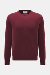 Front view of the FTC Cashmere Crew Neck Sweater Bordeaux in pure cashmere, slim fit with fine knit pattern, crew neckline, and ribbed cuffs, very soft touch.