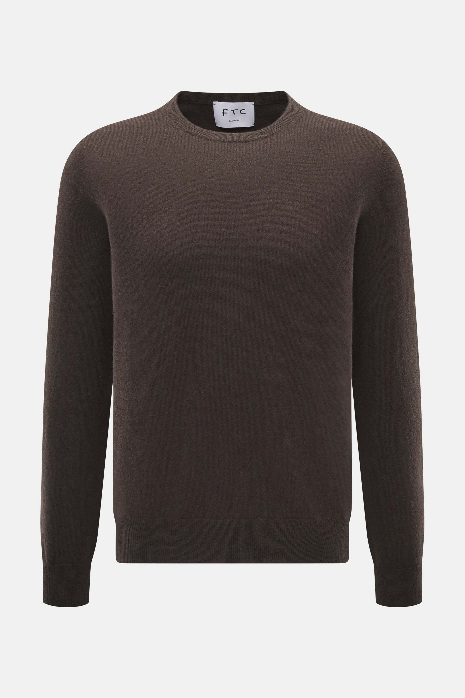 FTC Cashmere Rundhalspullover dunkelbraun, Slim Fit, feines Strickbild, Rundhalsausschnitt, Rippbündchen, aus reiner Cashmere-Qualität, Frontansicht.