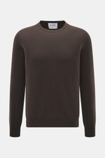 Front view of FTC Cashmere Crew Neck Sweater dark brown, pure cashmere, slim fit with very soft touch, fine knit pattern, crew neckline, and ribbed cuffs.
