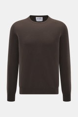 Front view of FTC Cashmere Crew Neck Sweater dark brown, pure cashmere, slim fit with very soft touch, fine knit pattern, crew neckline, and ribbed cuffs.