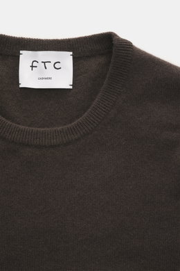 FTC Cashmere Crew Neck Sweater dark brown shown from above, highlighting pure cashmere, fine knit, slim fit, crew neckline, soft touch, ribbed cuffs.