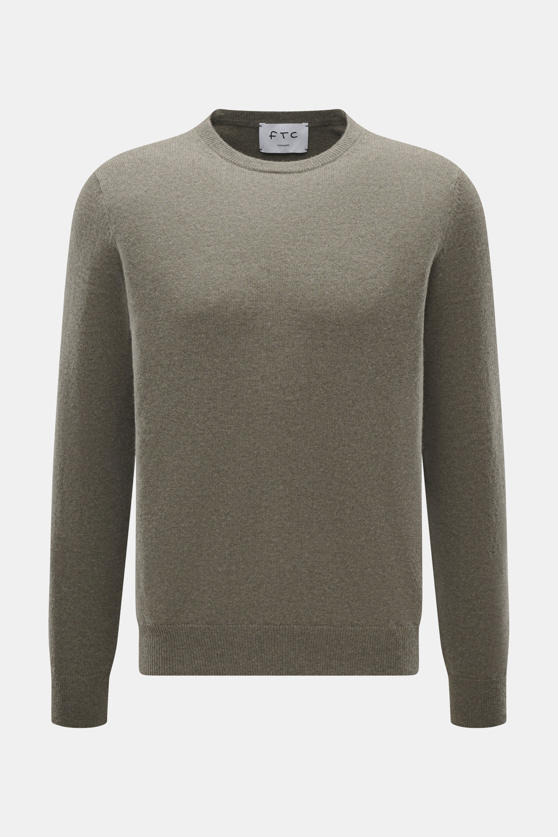 FTC Cashmere Rundhalspullover graugrün, Slim Fit, aus ultrafeinem, weichem Cashmere mit Rundhalsausschnitt, Rippbündchen, frontale Nahaufnahme.