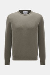 FTC Cashmere Crew Neck Sweater grey green shown from front, slim fit with crew neckline, ribbed cuffs, fine knit, pure cashmere, very soft touch.