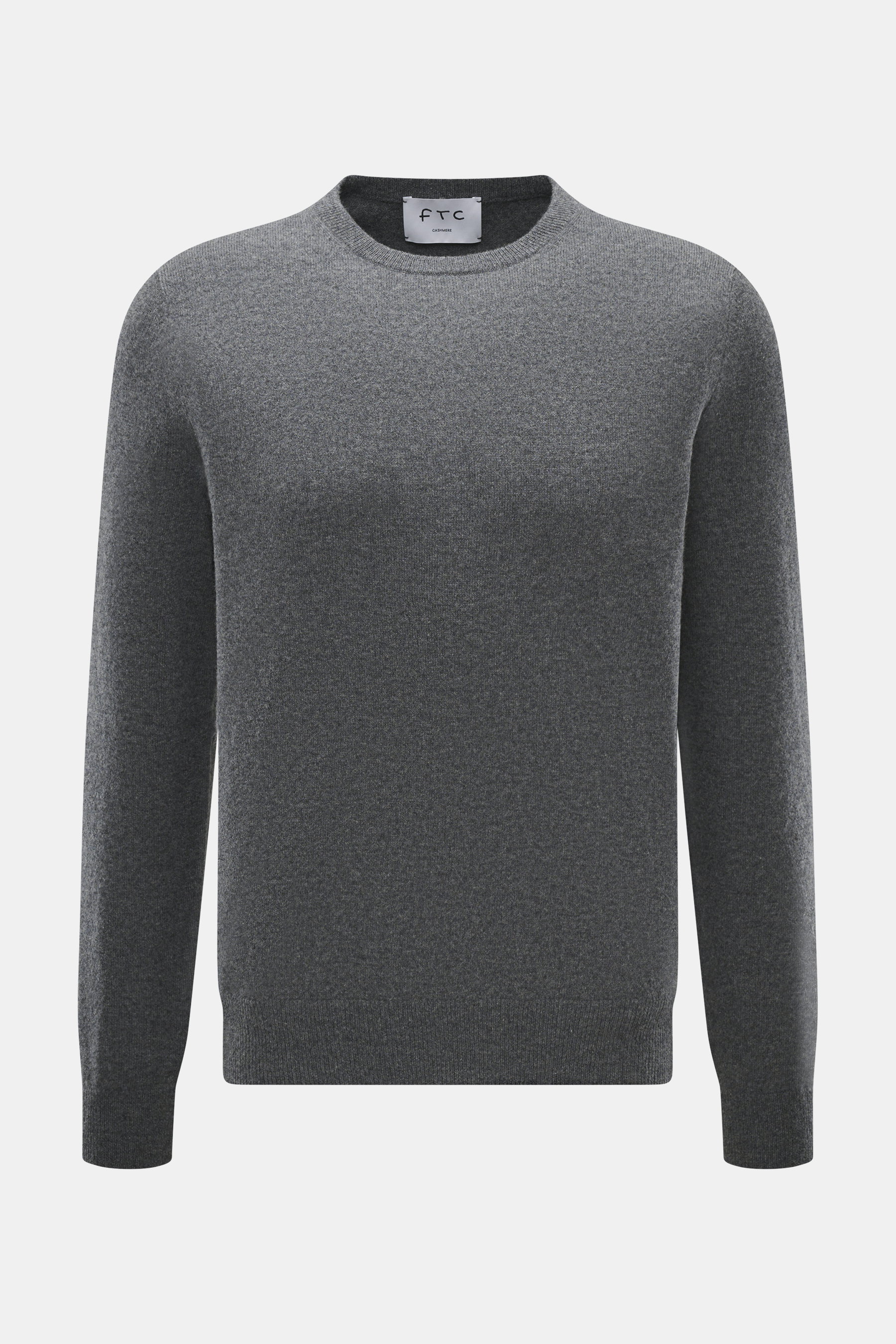 FTC Cashmere Rundhalspullover grau meliert, frontal aus mittlerer Entfernung, Slim Fit mit Rundhalsausschnitt, feinem Strickbild, weicher Cashmere-Qualität.