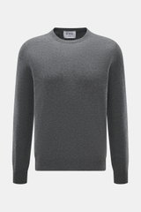 Front view of FTC Cashmere Crew Neck Sweater grey melange, pure cashmere, very soft touch, fine knit, Slim Fit, crew neckline, ribbed cuffs.