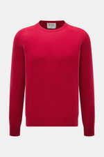 FTC Cashmere Rundhalspullover rot, frontale Nahaufnahme, Slim Fit, reiner Cashmere, weicher Griff, feines Strickbild, Rundhalsausschnitt, Rippbündchen