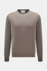 FTC Cashmere Rundhalspullover taupe, Slim Fit, feines Strickbild, reiner Cashmere, Rundhalsausschnitt, Rippbündchen, frontal fotografiert.