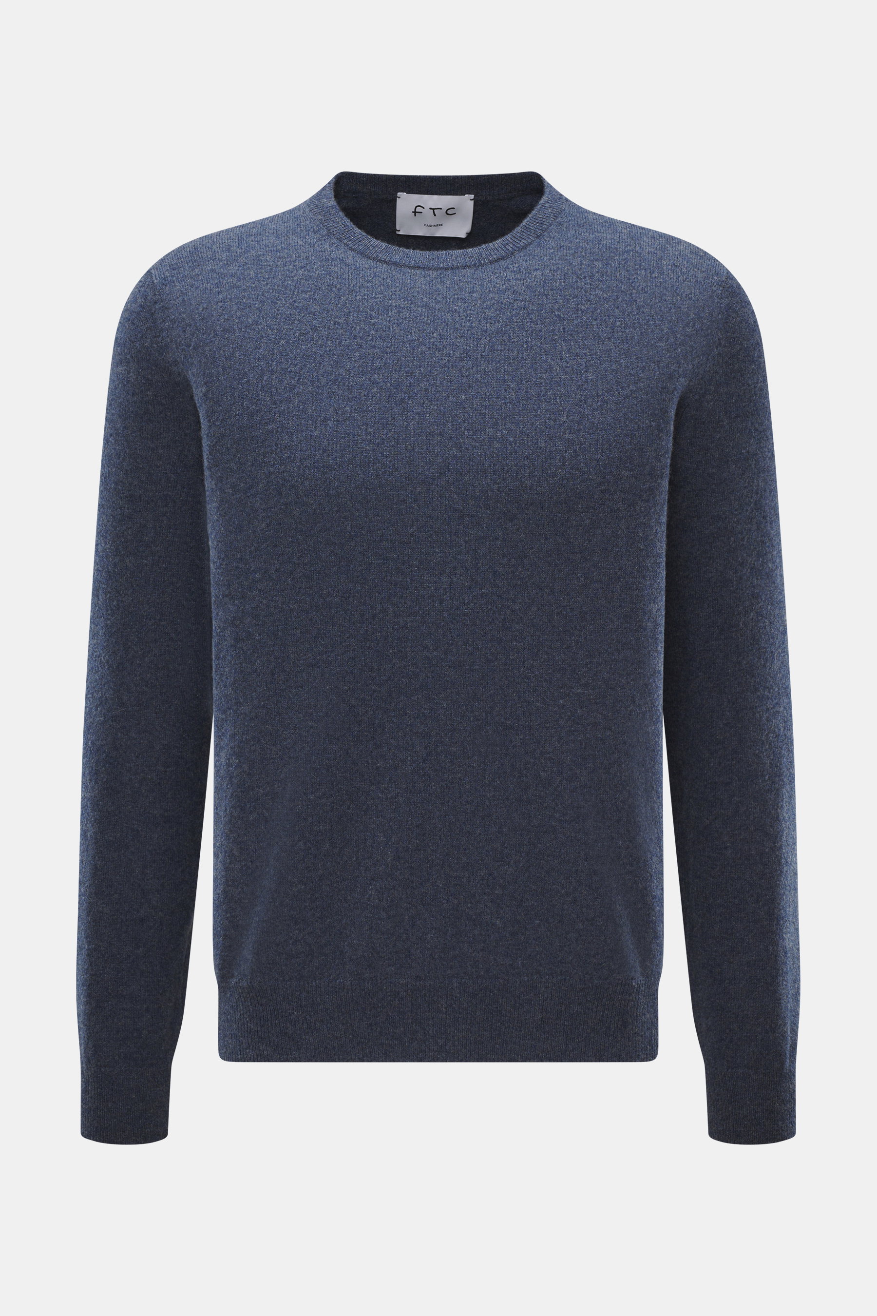 FTC Cashmere Rundhalspullover graublau meliert, Slim Fit, feines Strickbild, reiner Cashmere, Rundhalsausschnitt, weicher Griff, Rippbündchen, Frontansicht.