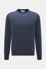 FTC Cashmere Rundhalspullover graublau meliert, Slim Fit, feines Strickbild, reiner Cashmere, Rundhalsausschnitt, weicher Griff, Rippbündchen, Frontansicht.