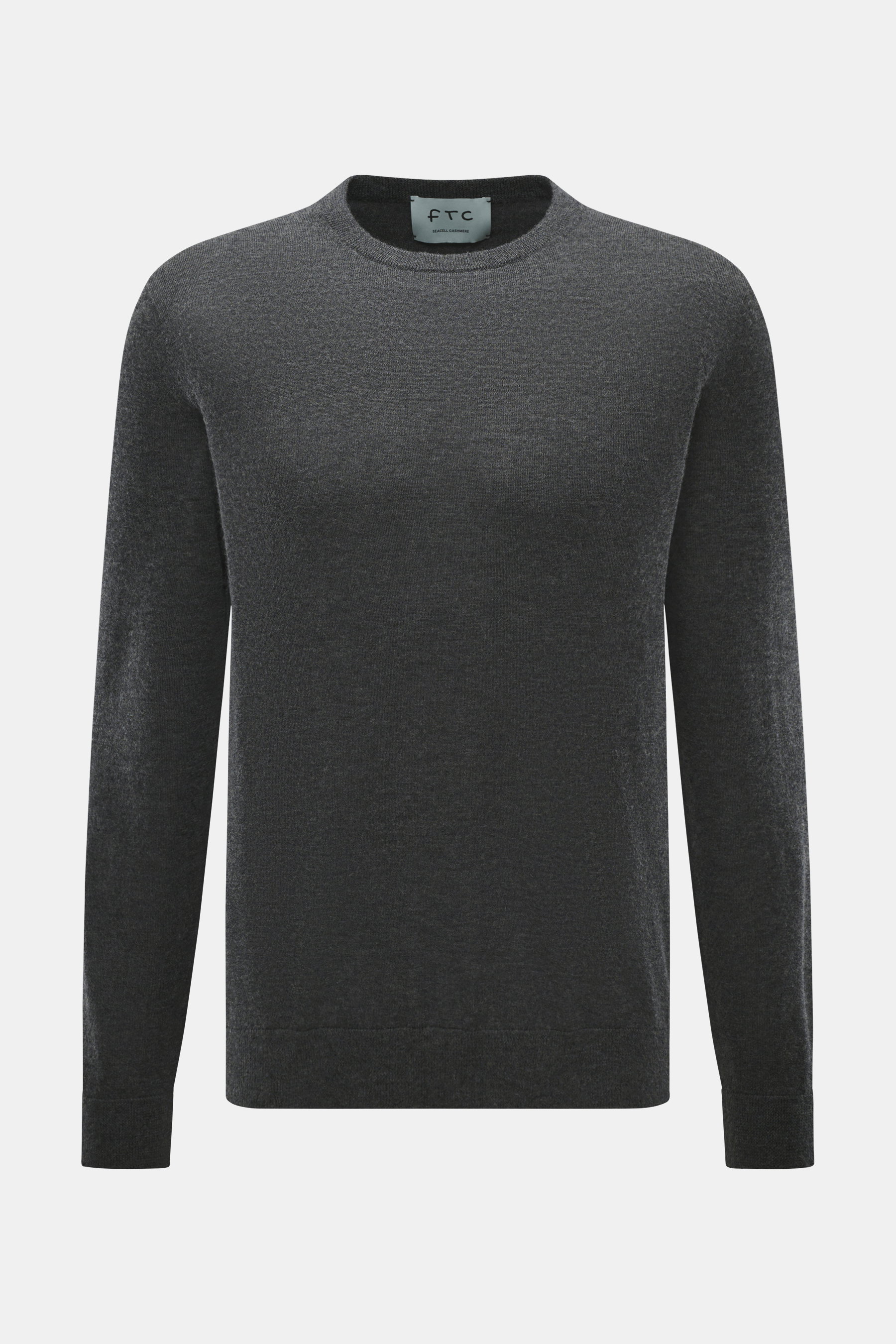 FTC Feinstrick-Rundhalspullover dunkelgrau meliert, frontal fotografiert, Slim Fit, Rundhalsausschnitt, Rippbündchen, Mix aus Cashmere und Lyocell, OEKO-TEX® Standard 100.