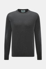 FTC Feinstrick-Rundhalspullover dunkelgrau meliert, frontal fotografiert, Slim Fit, Rundhalsausschnitt, Rippbündchen, Mix aus Cashmere und Lyocell, OEKO-TEX® Standard 100.
