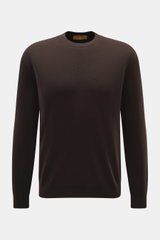Front view of Moorer Cashmere crewneck sweater 'Orvieto-WY' dark brown, showcasing pure cashmere, soft feel, fine knit pattern, slim fit, crew neckline, and flexible ribbed cuffs. Luxurious comfort in perfection from MOORER with exclusive long-fiber cashm
