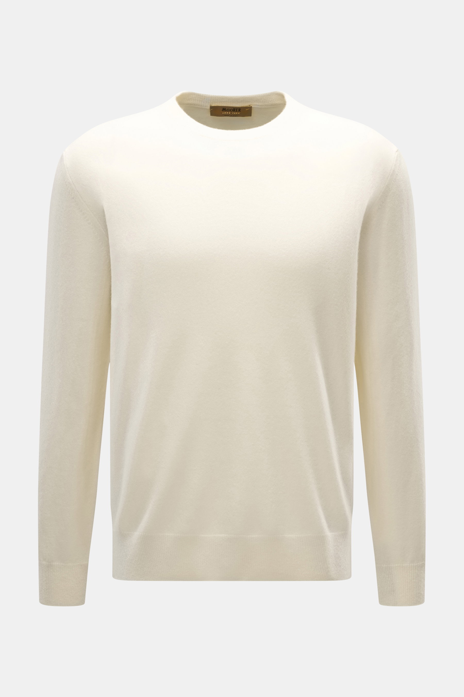 Moorer Cashmere Rundhalspullover 'Orvieto-WY' creme, Slim Fit, feines Strickbild, weicher Griff, flexible Rippbündchen, frontal fotografiert.