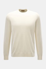 Moorer Cashmere crewneck sweater 'Orvieto-WY' cream, front view, pure cashmere, soft feel, fine knit, slim fit, crew neckline, ribbed cuffs.