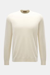 Moorer Cashmere crewneck sweater 'Orvieto-WY' cream, front view, pure cashmere, soft feel, fine knit, slim fit, crew neckline, ribbed cuffs.