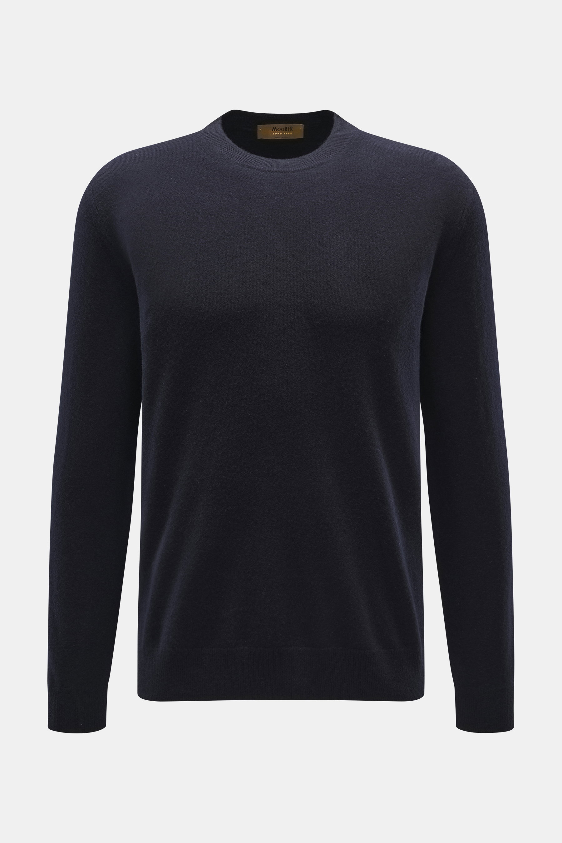 Moorer Cashmere Rundhalspullover 'Orvieto-WY' navy, Slim Fit, feines Strickbild, weicher Griff, Rundhalsausschnitt, flexible Rippbündchen, frontal fotografiert.