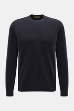 Front view of Moorer Cashmere crewneck sweater 'Orvieto-WY' navy in pure cashmere, soft feel, fine knit, slim fit, crew neckline, ribbed cuffs.