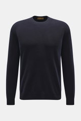 Front view of Moorer Cashmere crewneck sweater 'Orvieto-WY' navy in pure cashmere, soft feel, fine knit, slim fit, crew neckline, ribbed cuffs.